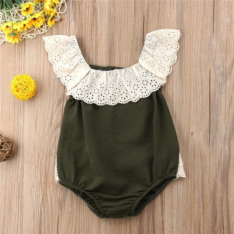 Lace Girls Clothing Cotton Ruffle Green Summer Sleeveless Buttons Outfits Clothes Infant Baby Girl Kids Jumpsuit Bodysuit | Детская