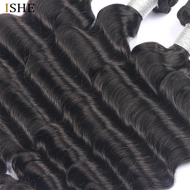ISHE Hair Loose Deep Bundles Brazilian Hair Weave Bundles 100% Human Hair Bundles Natural Color 10-28 inch Remy Hair Weave 4 PCS