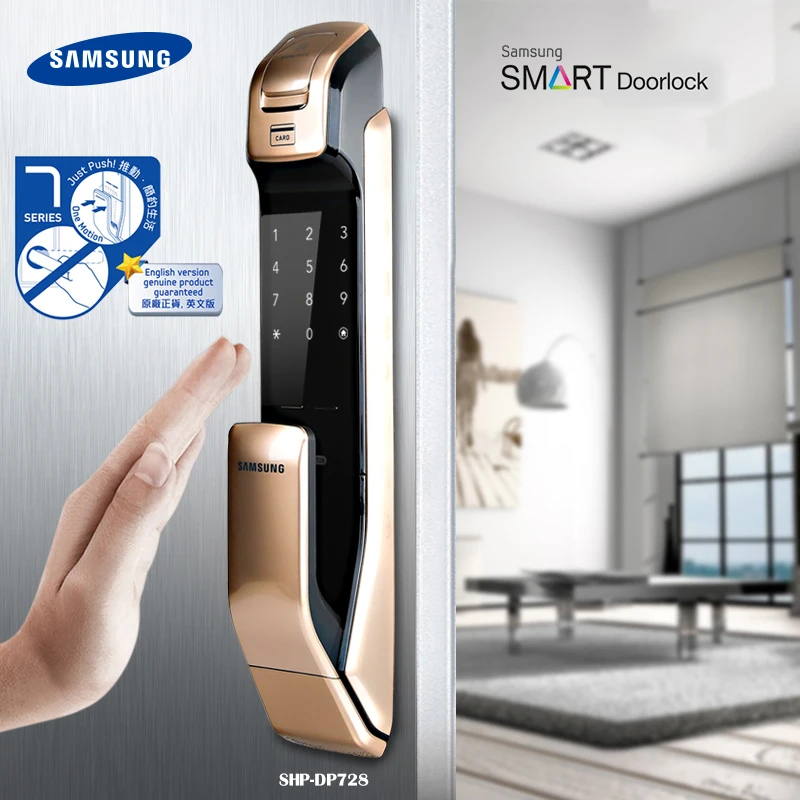 Beste Engels Versie Grote Mortise SAMSUNG SHP DP728 Keyless BlueTooth Vingerafdruk PUSH PULL Digitale Deurslot Goud Kleur
