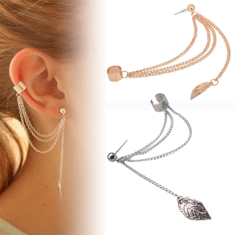 1pc Silver/Golden Chain Women Punk Rock Leaf Cuff Dangle Stud Tassel Earrings