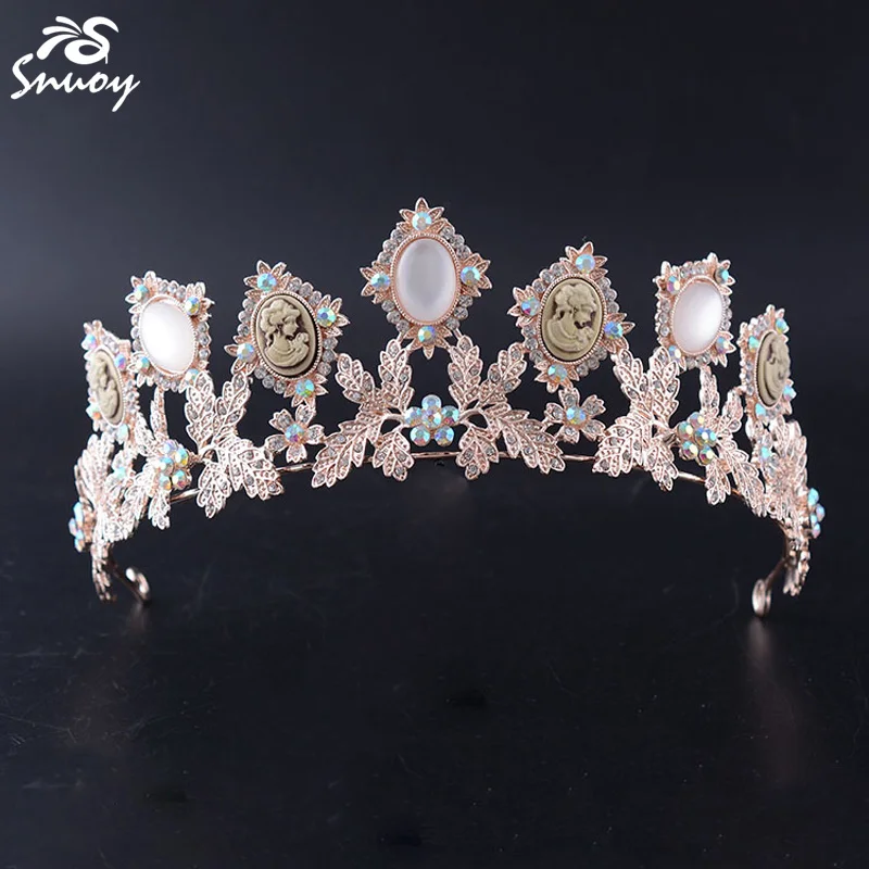 

Snuoy Goddess Pink Crowns Hair Jewelry for Women Rose Gold Tiara Leaf Wedding Hairbands Bridal Hair Accessories for Party HG696