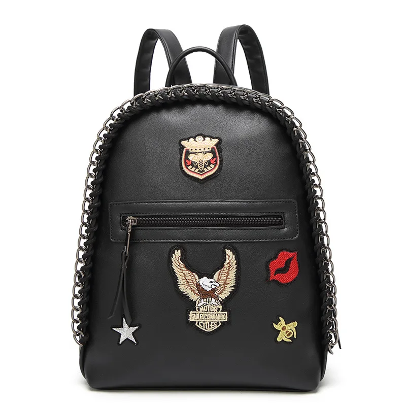 Punk Fashion Women Backpack Vintage Badge Embroidery Chain Kniting Small Backpack For Teenage Girls Travel Backpack