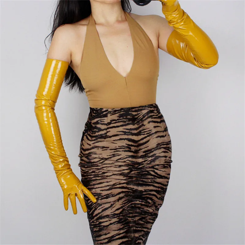 

Woman Gloves Bright Leather Patent Leather PU Gloves Female Dance Party Simulation Leather Ginger Yellow PU Gloves P1370-15