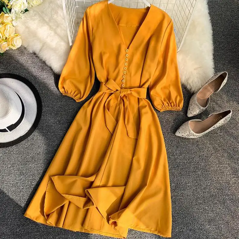 Женское элегантное однотонное платье миди с бантом поясом рукавом фонариком и