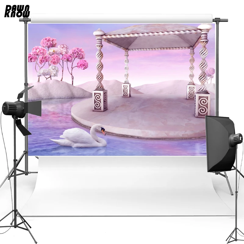 

DAWNKNOW Pink Flower For Wedding Vinyl Photography Background Swan Pavilion New Fabric Polyester Backdrop For Photo Studio F1696