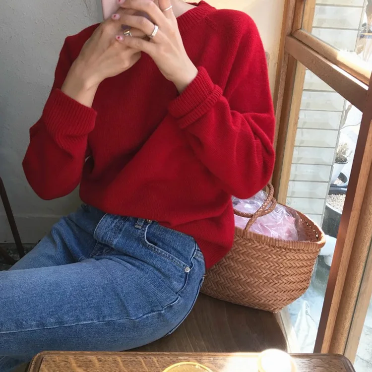 Colorfaith Новинка осень зима женские свитера пуловер корейский стиль минималистичный Повседневный однотонный офисный женский красный Топы SW7077 - Цвет: Красный
