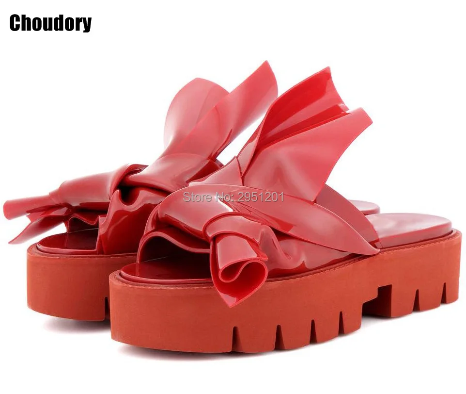 red patent leather flip flops