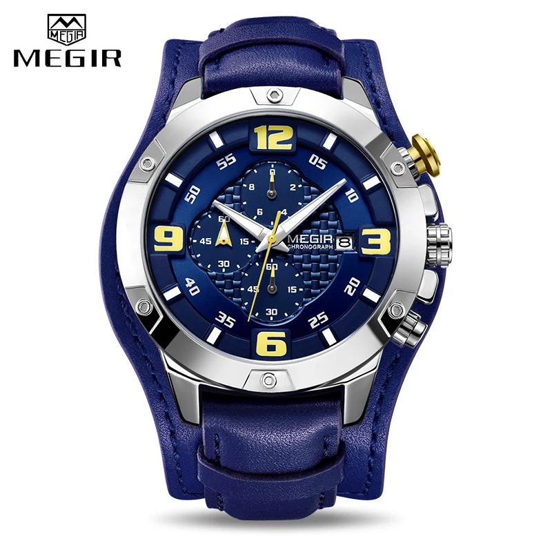 

2019 MEGIR New Mens Watches Leather Bracer Big Dial Chronograph Man Military Quartz Watch Men Waterproof Date Sport Wristwatches