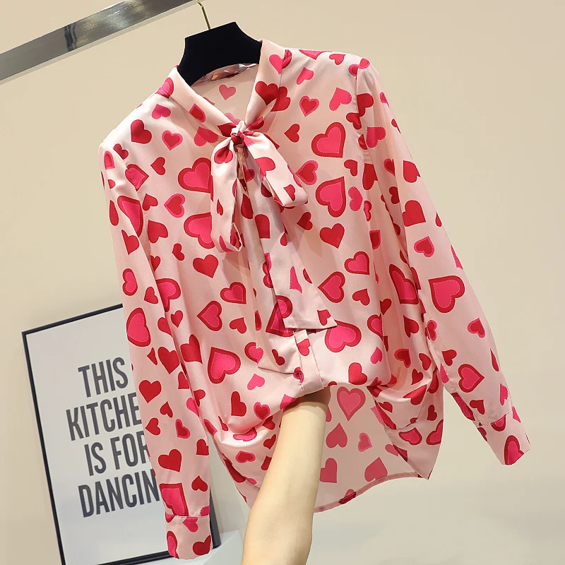 MUMUZI Chiffon Blouses Long Sleeve Summer New 2024 Loose Bow Tie Blouse Red Heart Print Pink Shirt tunique femme bluse women