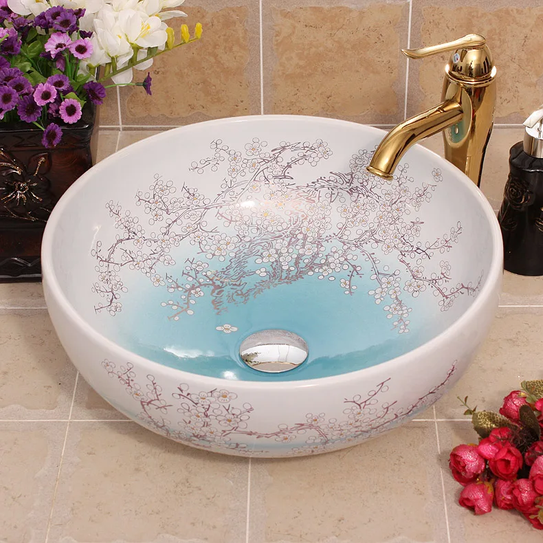 China Artistic Handmade Engraving Ceramic Lavobo Round Countertop size of wash basin plum blossom painting white (3)