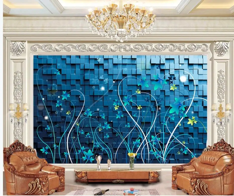 Custom Any Size Mural Wallpaper Stereo squares featured lines flowers living room background wall painting Custom Any Size Mural Wallpaper Stereo squares featured lines flowers living room background wall painting