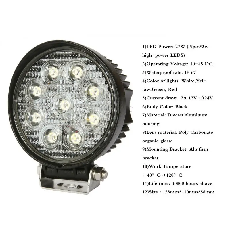 27w round white green red yellow led work driving light