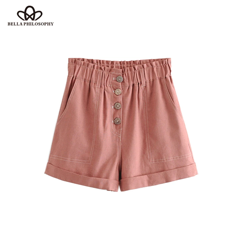 Vintage Stylish Solid Buttons Cuffed Shorts 2019 new High Elastic Waist Pockets Short Pant Casual Pantalones Cortos Wonder Store