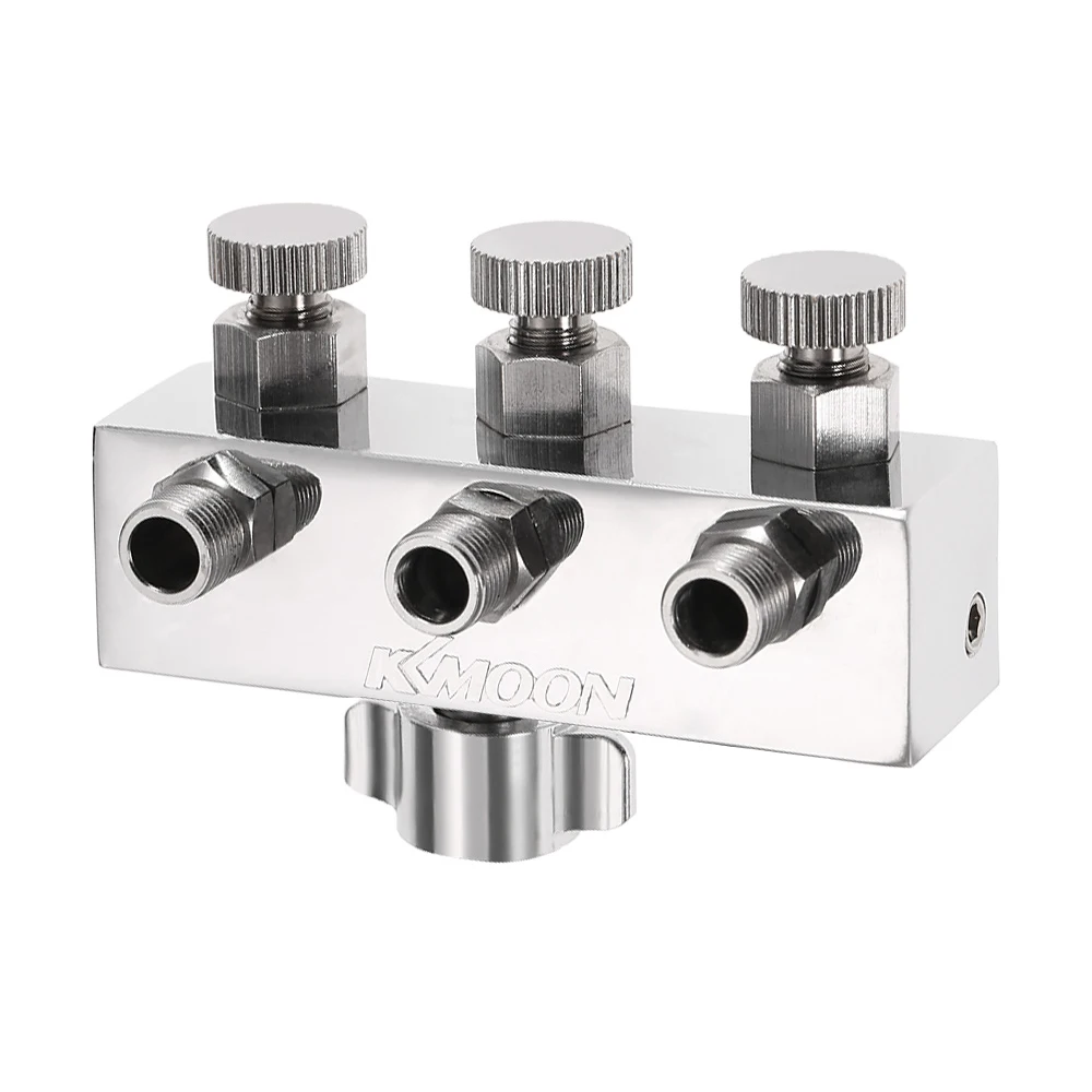 KKmoom Airbrush Air Hose Splitter 3 Way With Regulated Metering Manifold& 1/4" BSP Female Inlet+ 1/8" BSP Male Air Outlet