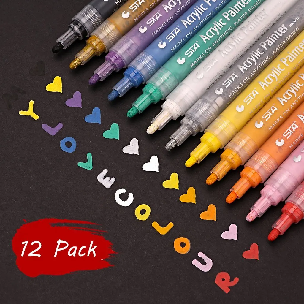 Акриловая краска маркеры ручки, PANDAFLY Art перманентные краски ручки для краски на камне, стекло, ткань, холст, кружка, набор из 12 цветов