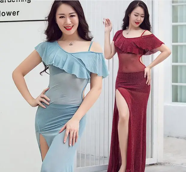 

2019 Sexy Transparent Mesh KOREA Shine Fabric Bellydance Women Long Dress Ruffle Neck Side Slit Skirt Slim Dance Outit Pink