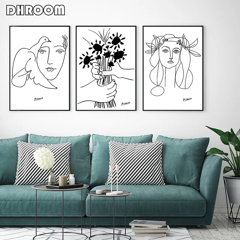 Picasso Line Art Drawing Canvas Art Prints Sketches Woman Bouquet of Peace Painting Poster Minimalist Wall Art Home Wall Decor
