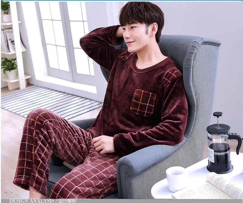 Fashion Brand Luxury Winter Pajamas Men Sleepwear Thick Warm Coral Fleece Mens Pajama Set Male Nightwear Leisure Home Clothing