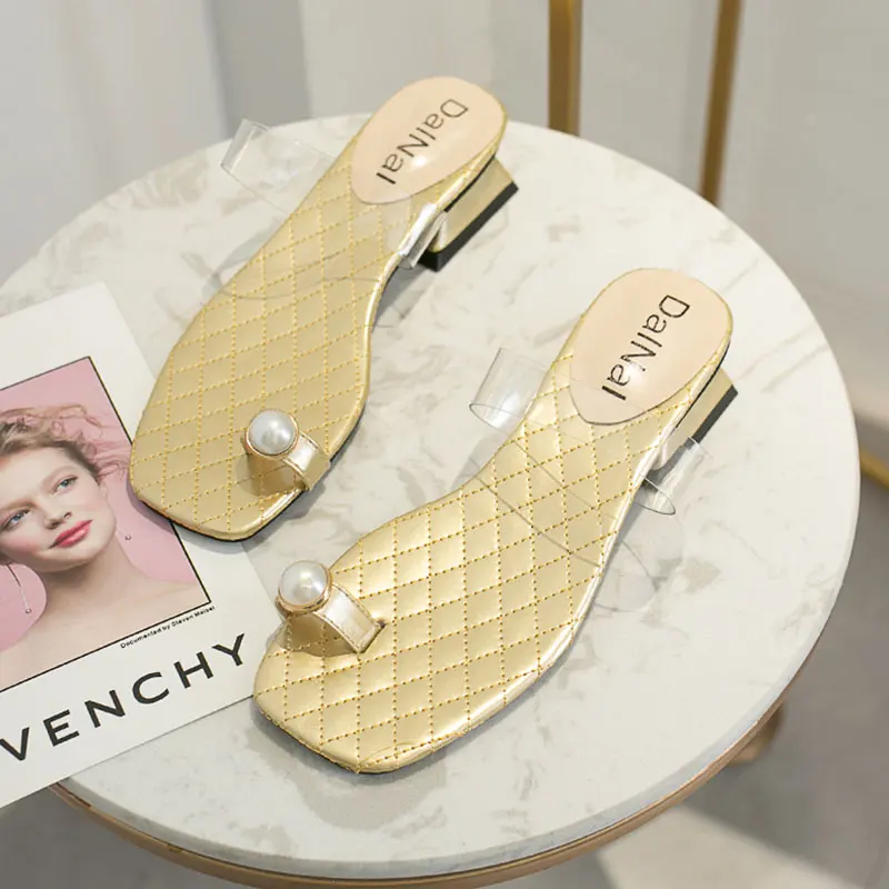 

Women Summer Open Toe Chunky Heel Sandals Fashion Pearl Beach Flip Flops Slip on Outside Slides Shoes Woman