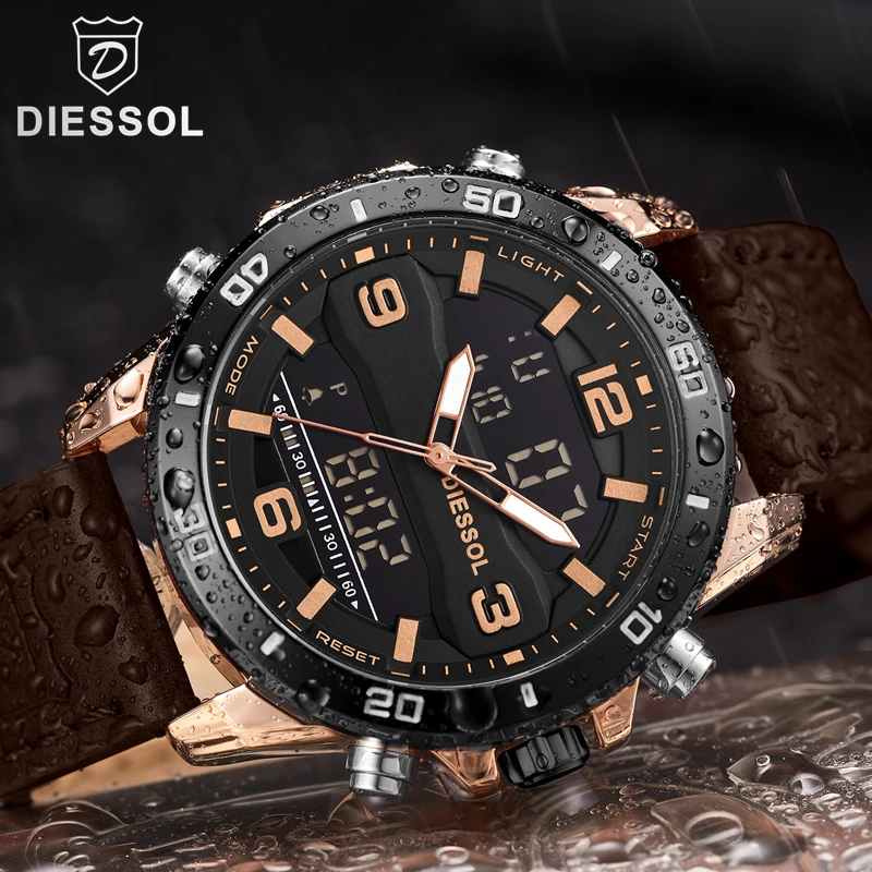 

DIESSOL Men's Watches Top Brand Luxury Sport Quartz Dual Time Digital Watch Men Leather Waterproof Wristwatch Relogio Masculino