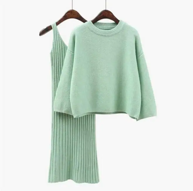 Прямая поставка, Осень-зима, женский свободный свитер, платье, наборы, сплошной цвет, Повседневный, из двух частей, костюм, свитер, вязанное женское мини платье - Цвет: Зеленый