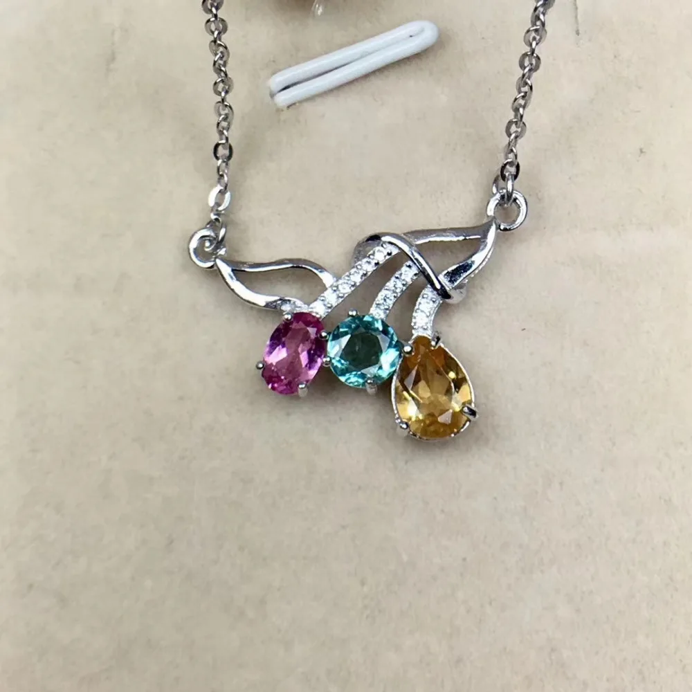 Collier tourmaline multicolore naturel citrine fleurs élégantes pendentif collier S925 argent femme