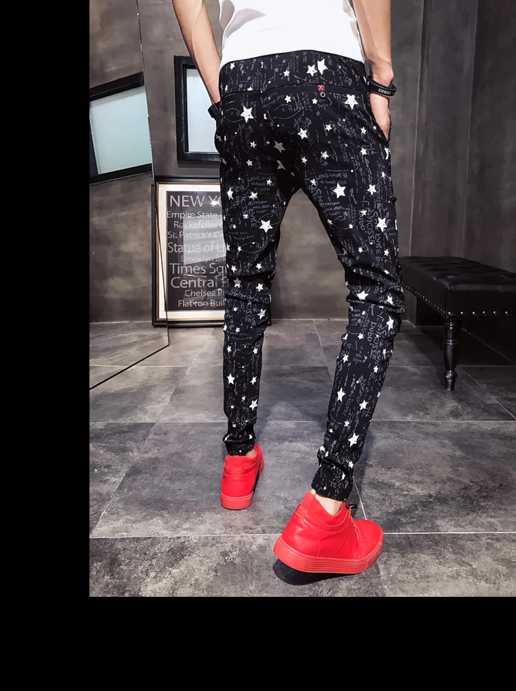 Фирменная Новинка Повседневное брюки Для мужчин Мода 2018 лето Slim Fit Звезда печати уличная шаровары шнурок хип-хоп молодой человек брюки