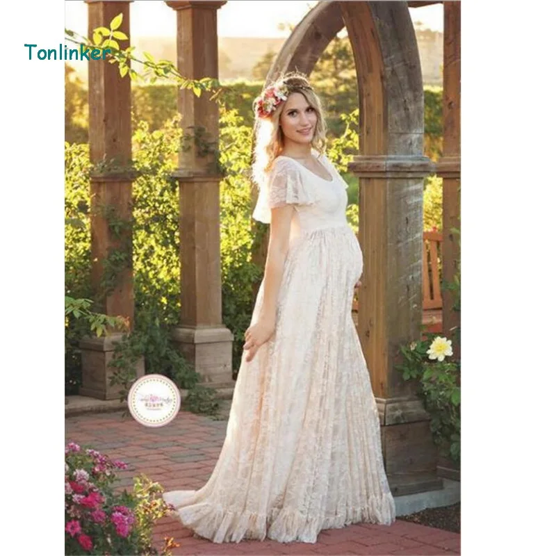 

Tonlinker 2018 New Ruffled sleeve vintage sexy summer Lace photo pregnant dress maternity photography props maxi Maternity dress