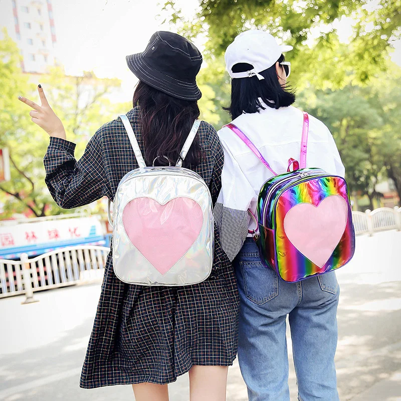

Transparent love shoulder bag rainbow handbag pu Handbag Harajuku casual cute student school backpack Women ita bag