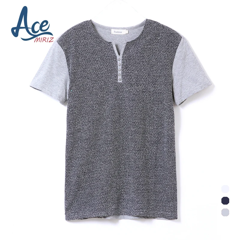ACEMIRIZ Men Patchwork T-Shirt Short Sleeve Slim Tees Button Solid Man Casual Blue Gray White 2017 Summer Hot Sale Tshirt 2166 | Мужская