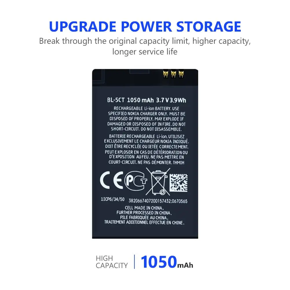 Аккумулятор BL5CT для телефона 1050 мАч Nokia 5220 5220XM C6 01 C3 01m 6303 3720C 6303c 6303i 6303ci