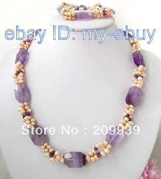 

huij 002149 ++ AMETHYST PINK Freshwater Pearl NECKLACE BRACELET SET