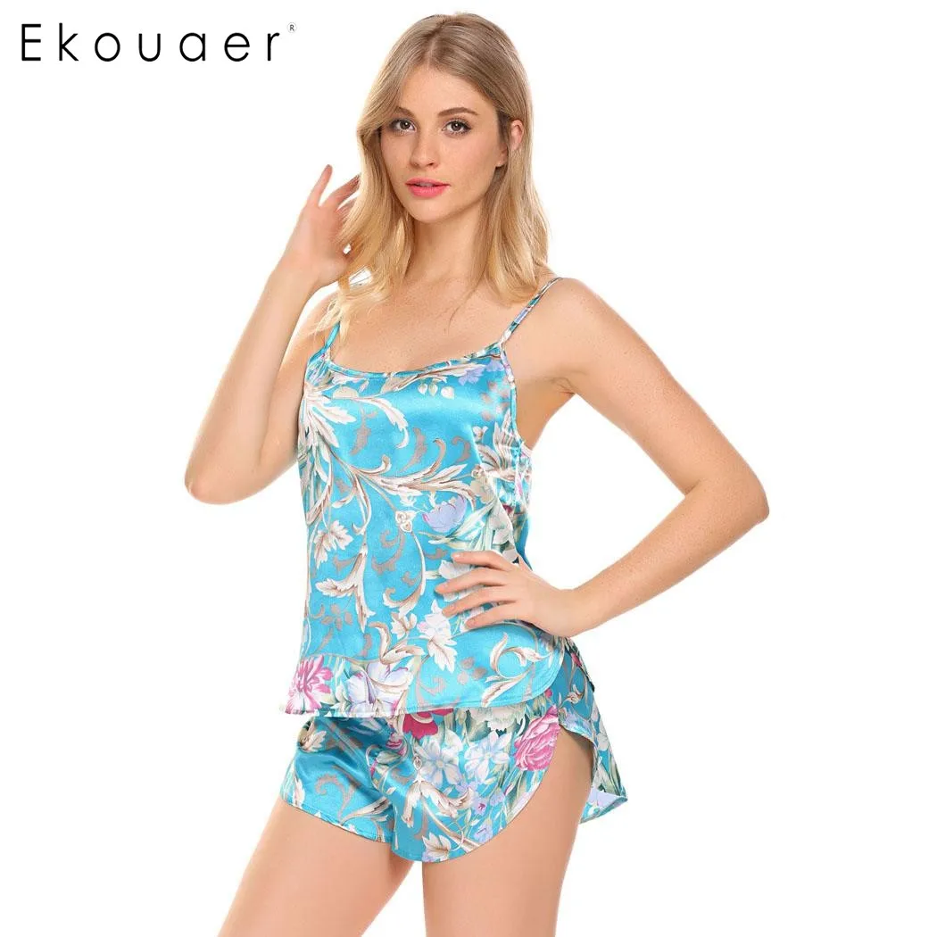 Ekouaer Women Casual Pajamas Set Floral Satin Elastic Waist V Neck