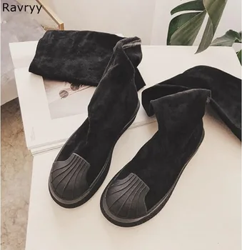 

Concise Black Suede Leather Long Boots Woman over-the-knee Boots Platform Flat Heel Booties Round Toe Autumn Female Shoes