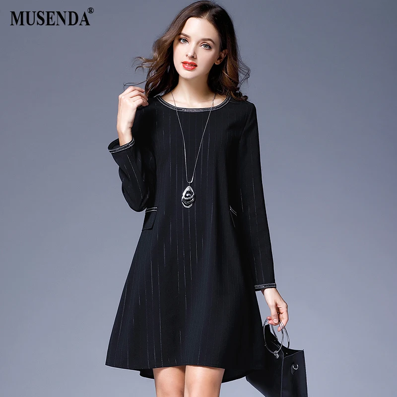 MUSENDA Plus Size Women Elegant Black Striped Short Dress 2017 Autumn ...