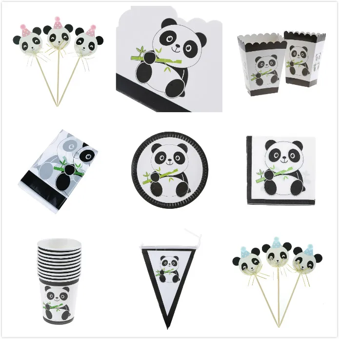 

Panda Party Birthday Supplies Set Plate/Cup/Napkin/Banner/Invitation Card/Tablecloth/Cake Decoration/Panda Style Apron
