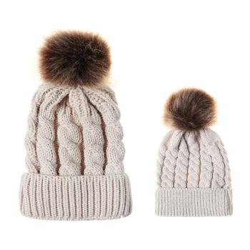 

Autumn And Winter New Baby Mummy Hat Warm Female Parent-child Hair Ball Wool Hat Trend Ball Ball Twist Knit Hat Casual Warm