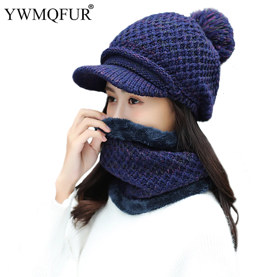 

2018 New Winter Hat Scarf Sets For Women Vintage Knit Lady Baseball Cap Girl Outdoor Warm PomPom Hats Female Solid Rings Scarves