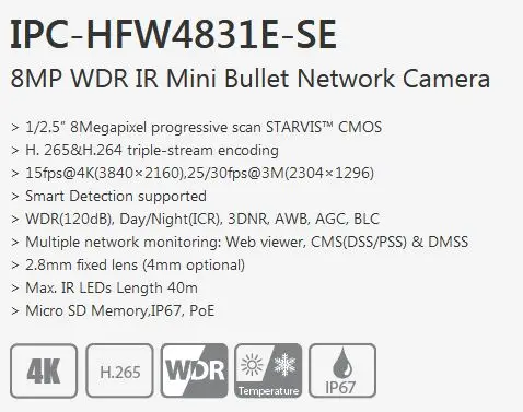 IPC-HFW4831E-SE 8MP WDR IR Mini Bullet сетевая камера POE H.265 H.264 слот для sd-карт IR 40m IP67 Замена IPC-HFW4830E-S ip-камера