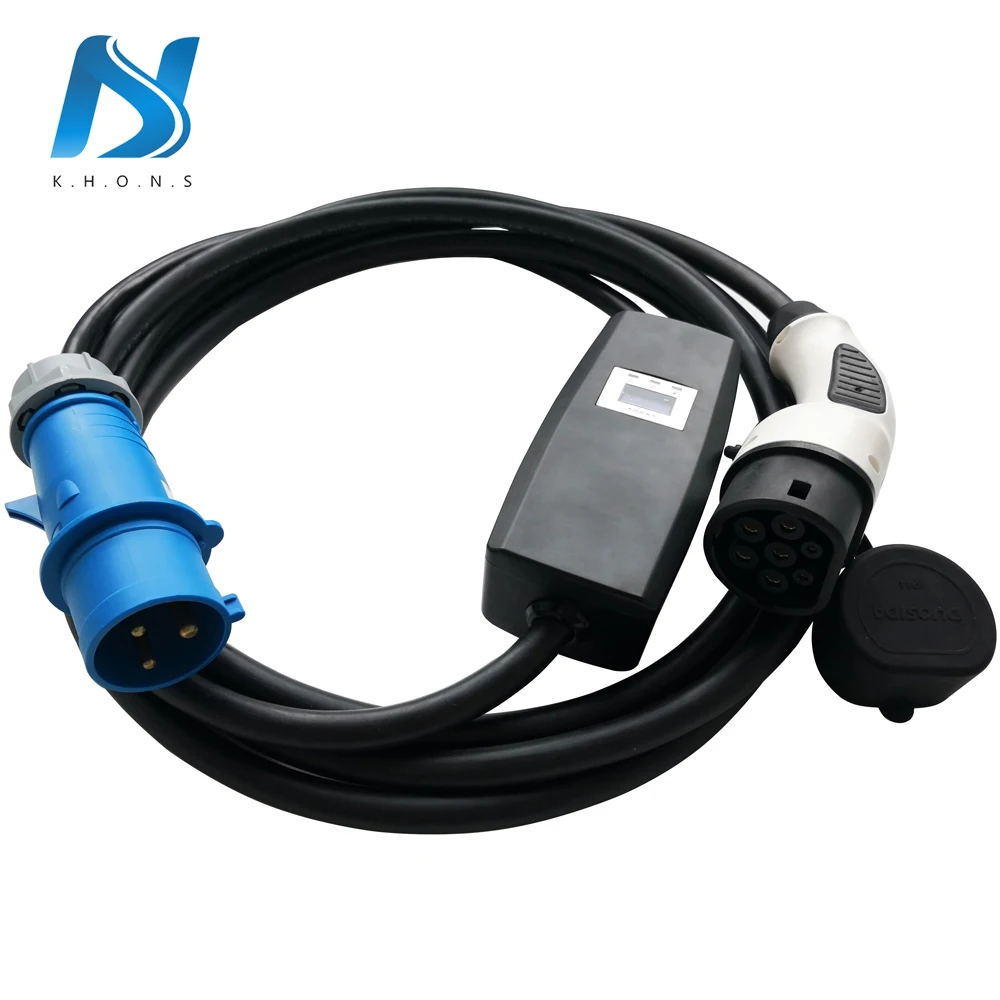Khons EVSE Тип 2 электромобиль зарядное устройство для электромобиля с синим CEE разъем 8A 16A 32A Регулируемый 16ft кабель EV зарядный разъем