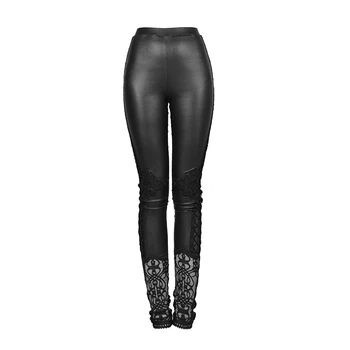 

Summer Sexy Lady Bud Silk Decoration Pattern Render Pants Women's PU Coated Spandex Pants Black Tight Hollow Pants
