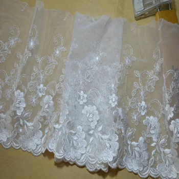 

16CM(2yds/lot) white mesh shiny silk floral Embroidery Hight quality lace fabrics embroidered lace trim 17021806