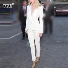 VGH Autumn Women’s Suit Two Piece Set Lapel Long Sleeve Slim Short Tops With High Waist Ankle Length Pants Sets Of Female 2018