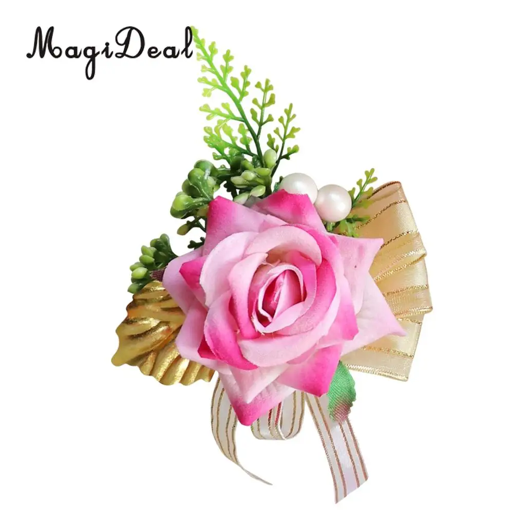 Romantic Artificial Rose Flower Pearls Wedding Corsage Boutonniere for Bridal Groom Fancy Dress