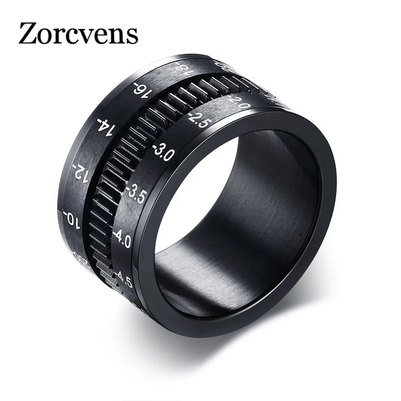 

ZORCVENS Men's Rings Stainless Steel Fashion Black Camera Lens Ring for Men Jewelry Spinner Band Photographers Accessories