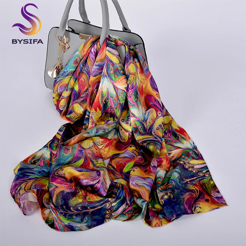 Wholesale oTky6 [BYSIFA] New Luxury Pure Silk Scarf Shawl Women Spring Autumn Long Scarves Ladies Brand 100% Silk Neck Scarf Foulard 175*52cm