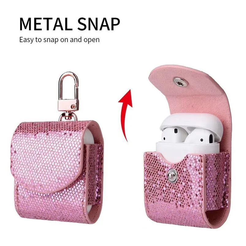 Headphone Bling Case For AirPods Case Magnetic Closure Leather Cover With Anti-lost Keychain Glitter 40MAY284