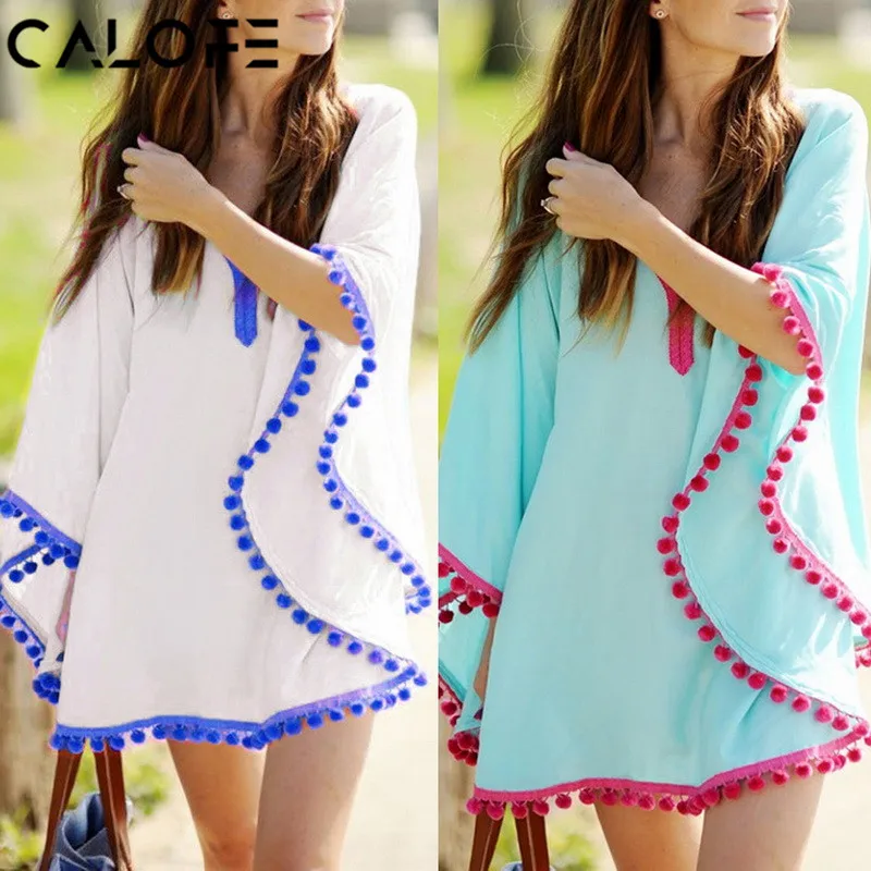 Calofe Women Chiffon Tassel Beach Cover Up White Beach Tunic Sexy