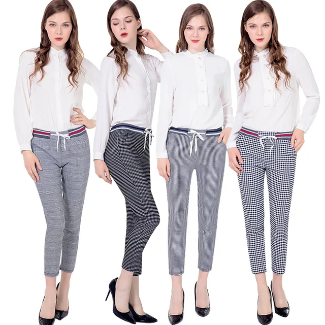 Aselnn 2018 Autumn Women Plaid Print Pants Fashion Checker Elastic Waist Slim Pencil Pants Female Trousers British Style Slacks 1