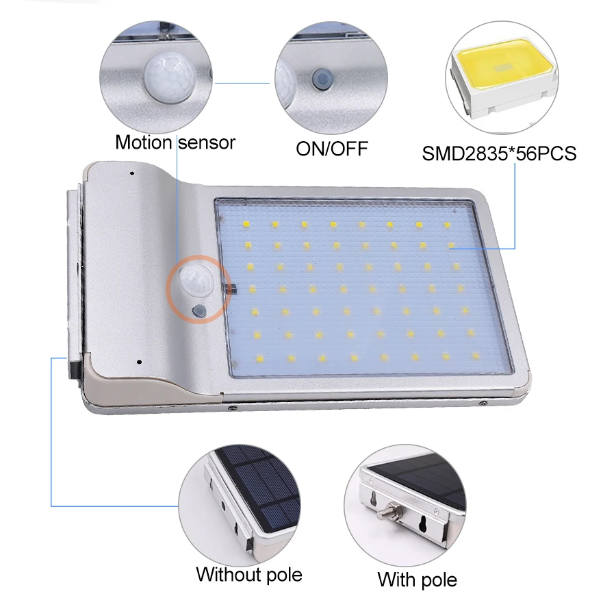 Солнечный радар Датчик света Открытый сад безопасности настенный светильник 56 светодиодный 1000 люмен корпус из алюминиевого сплава водонепроницаемое освещение